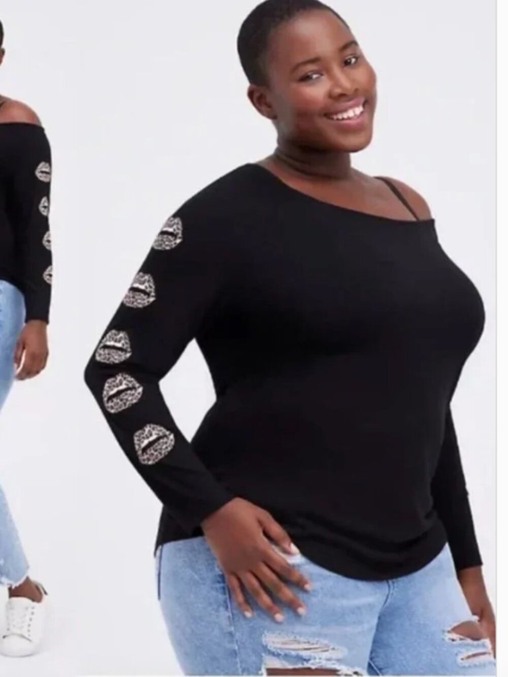 🌟 Torrid Plus Size NWT Torrid Off Shoulder Leopard Lips Long Sleeve Tee